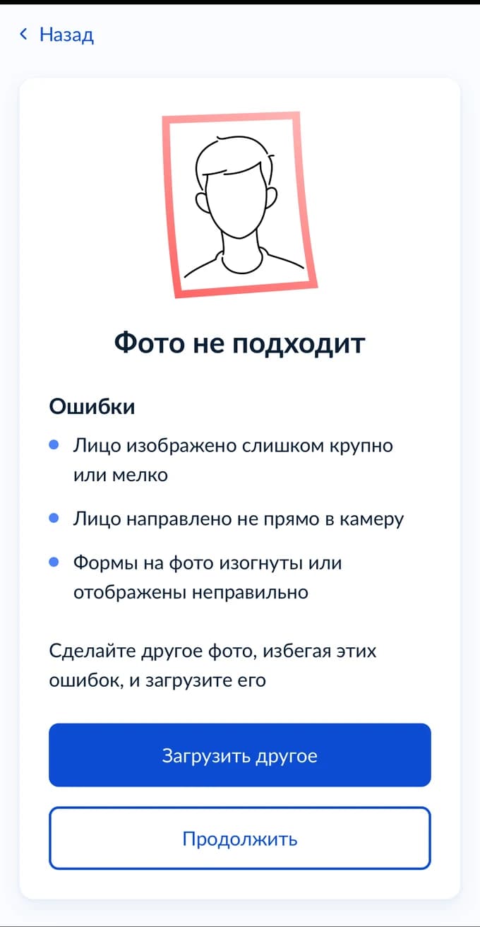 Экран «Госуслуг» с сообщением «Фото не подходит», списком возможных ошибок и кнопками «Загрузить другое» и «Продолжить»